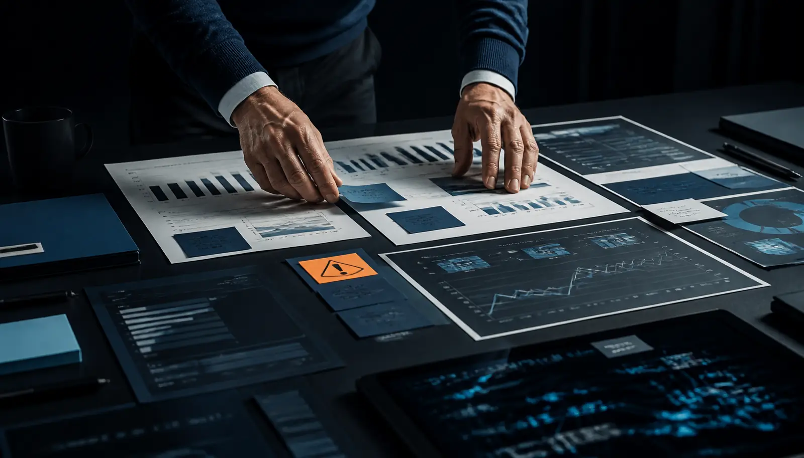 Analysis material and financial data arranged on a dark worktable