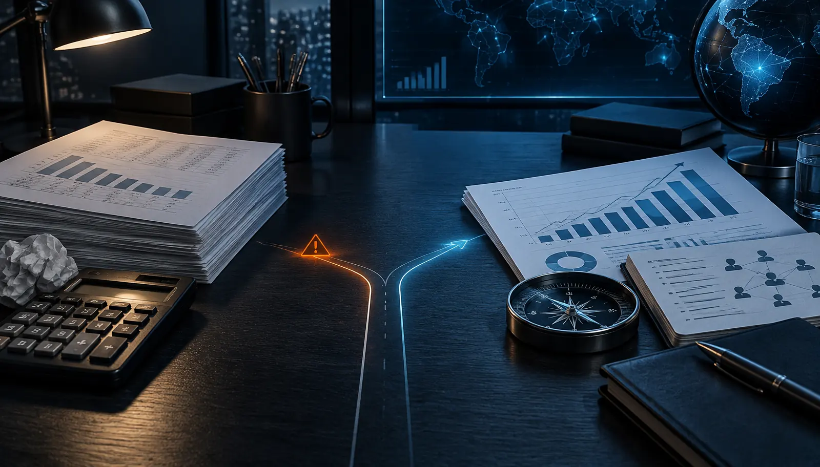 Two strategic paths between cost reports and market growth on a dark worktable