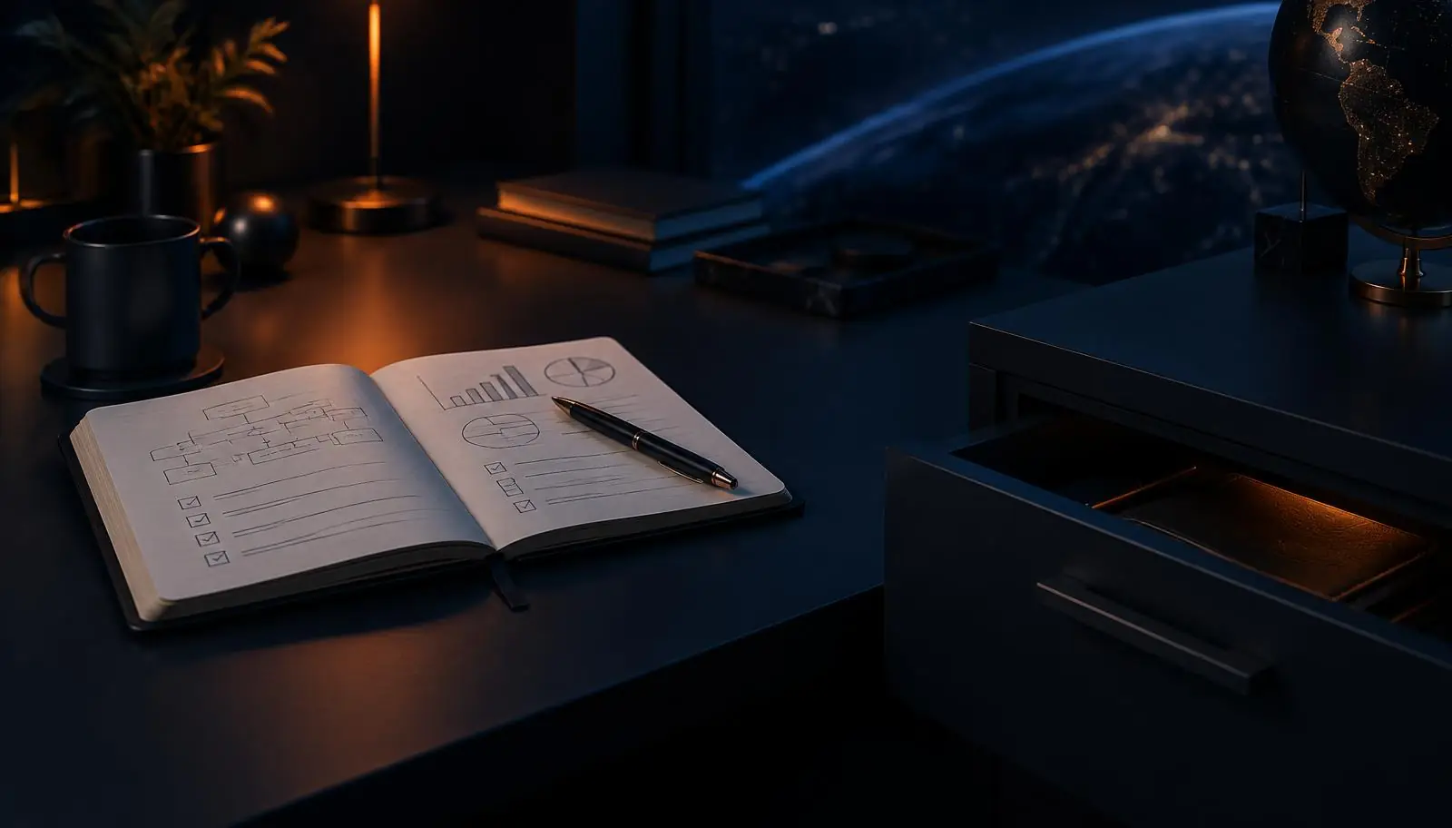 Open notebook with a plan beside a half-open desk drawer in a dark setting